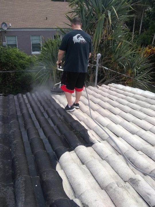 Tile roof soft wash in progress