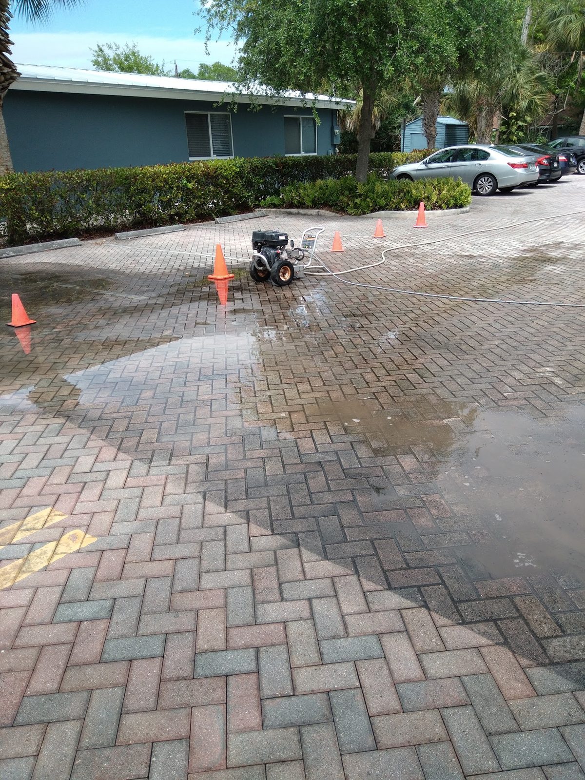 Paver courtyard with cones up, drying